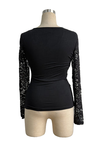 Lace Sleeve Plunge Neck T-Shirt