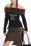 Off-Shoulder Graphic Tee with Faux Fur Collar