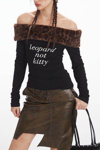Off-Shoulder Graphic Tee with Faux Fur Collar