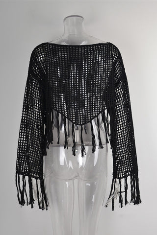 Fringe-Trim Mesh Cover-Up