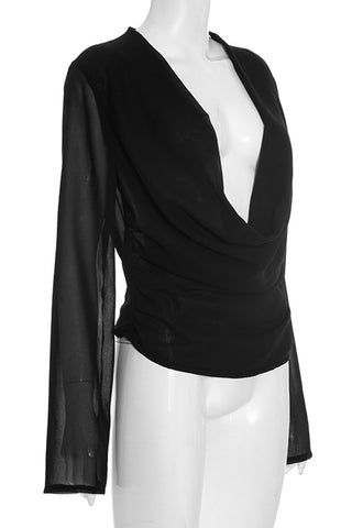 Draped V-Neck Long Sleeve Blouse