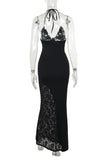 Halter Neck Ruched Lace Maxi Dress