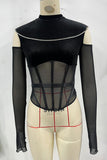 Sheer Mesh Rhinestone Trim Top
