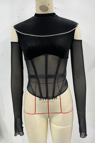 Sheer Mesh Rhinestone Trim Top