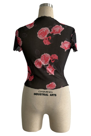 Floral Sheer T-Shirt with Ruffled Hem