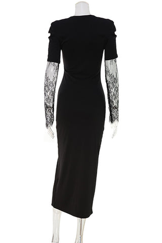 Lace Sleeve Evening Midi Dress