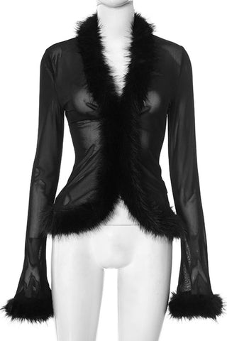 Faux Fur Trim Sheer Long Sleeve Blouse