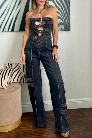 Strapless Cutout Denim Jumpsuit