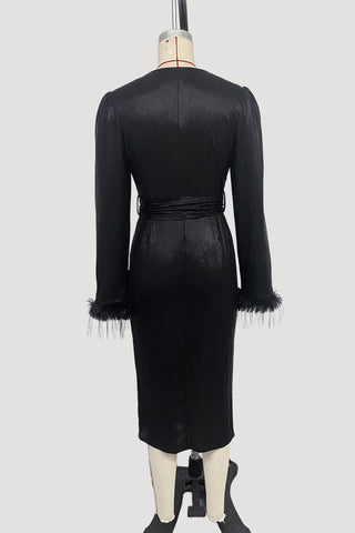 Elegant Wrap Midi Dress with Feather Cuffs