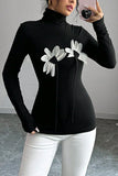 Floral Appliqué Long-Sleeve Turtleneck Top