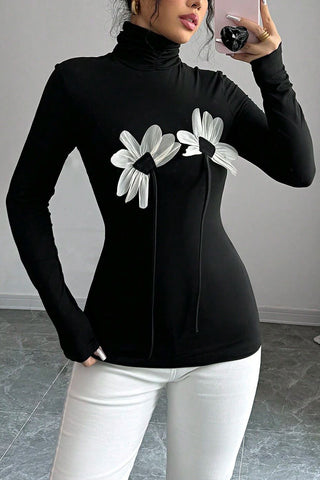 Floral Appliqué Long-Sleeve Turtleneck Top