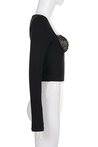 Lace-Inset Long Sleeve Blouse