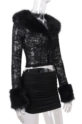 Fur-Trim Lace Skirt Set