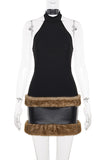 Halter Neck Faux Fur Trim Dress