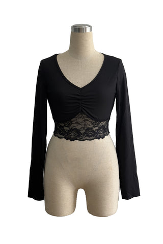 Lace Trim Long-Sleeve Crop Top
