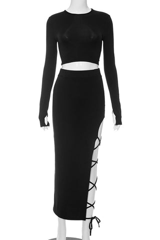 Sleek Cut-Out Skirt Set with Lace-Up Detail