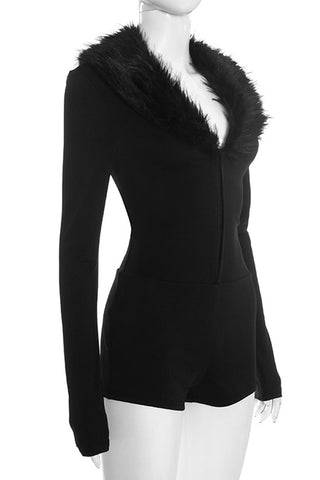 Romper with Hook Detail & Furry Collar
