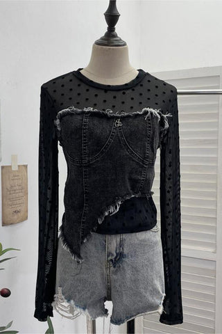 Polka Dot Denim Overlay T-Shirt