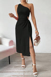 One-Shoulder Pleated Midi Dress