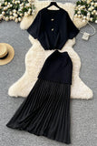 Buttoned Top and Pleated Skirt Set