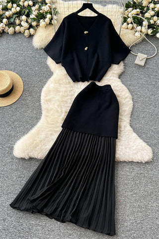 Buttoned Top and Pleated Skirt Set