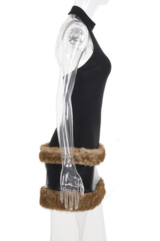 Halter Neck Faux Fur Trim Dress