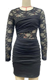 Solid Lace Panel Long Sleeve Bodycon Dress