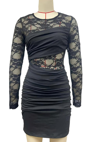 Solid Lace Panel Long Sleeve Bodycon Dress