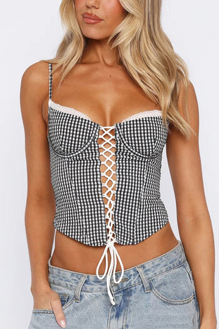 Lace-Up Gingham Tank Top
