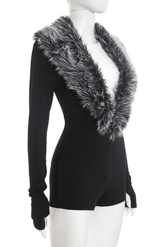 Faux Fur Collar Long Sleeve Romper