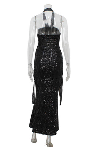 Halter Cutout Sequin Evening Dress