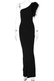 One-Shoulder Evening Dress with Feather Detail