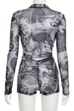 Patterned Zip-Front Short Set
