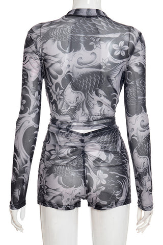Patterned Zip-Front Short Set