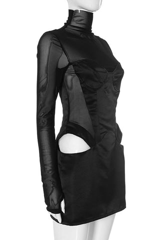 Sheer Long-Sleeve Evening Mini Dress