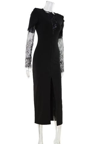 Lace Sleeve Evening Midi Dress