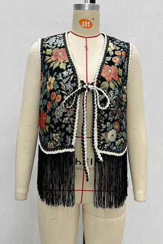 Floral Pattern Fringe Vest