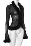 Faux Fur Trim Sheer Long Sleeve Blouse