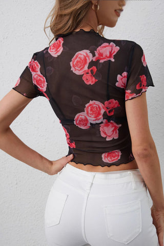Floral Sheer T-Shirt with Ruffled Hem