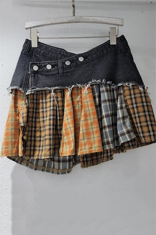 Button-Accent Plaid Mini Skirt
