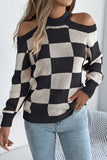 Open-Shoulder Checkered Sweater