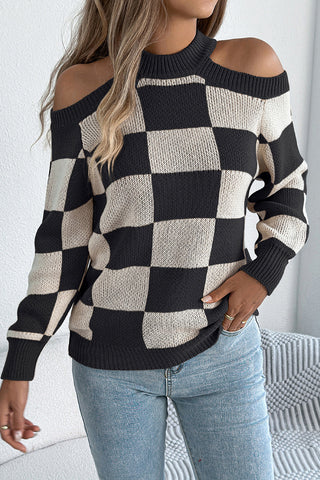 Open-Shoulder Checkered Sweater