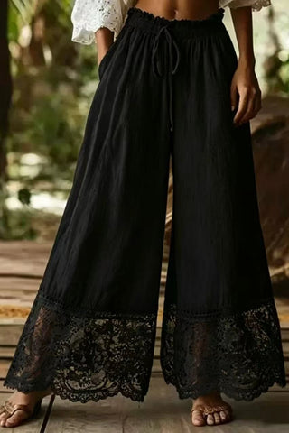 Lace Trim Wide-Leg Casual Pants