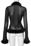 Faux Fur Trim Sheer Long Sleeve Blouse