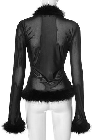 Faux Fur Trim Sheer Long Sleeve Blouse