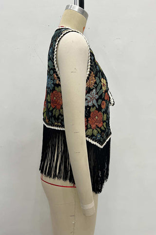 Floral Pattern Fringe Vest