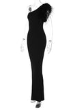 One-Shoulder Evening Dress with Feather Detail