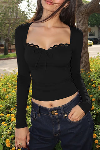 Elegant Lace Trim Long Sleeve Top
