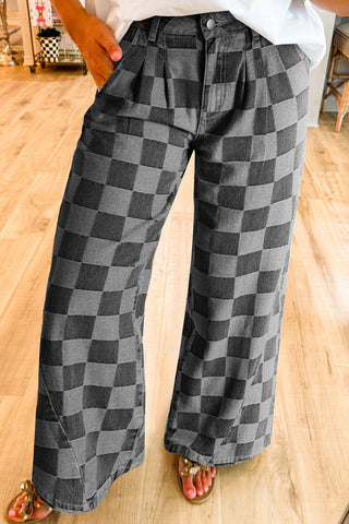 Checkered Wide Leg Casual Pants
