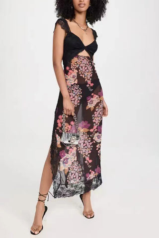 Cut-Out Floral Dress with Lace Trim